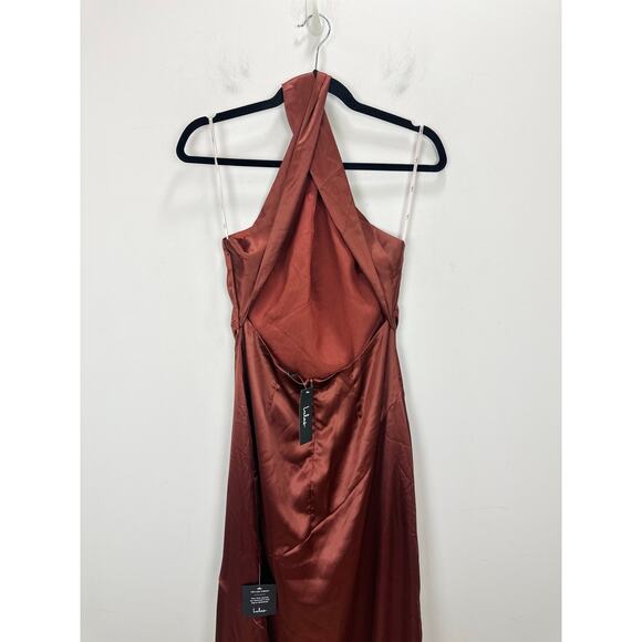 Lulus Purely Elegant Rust Brown Satin Twist Back Maxi Dress Medium Formal NWT - Picture 7 of 10